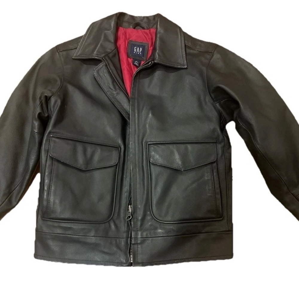 GAP Black Leather Quilt Lined & Lightly Insulated Bomber Jacket Boys Sz. S (5-6)